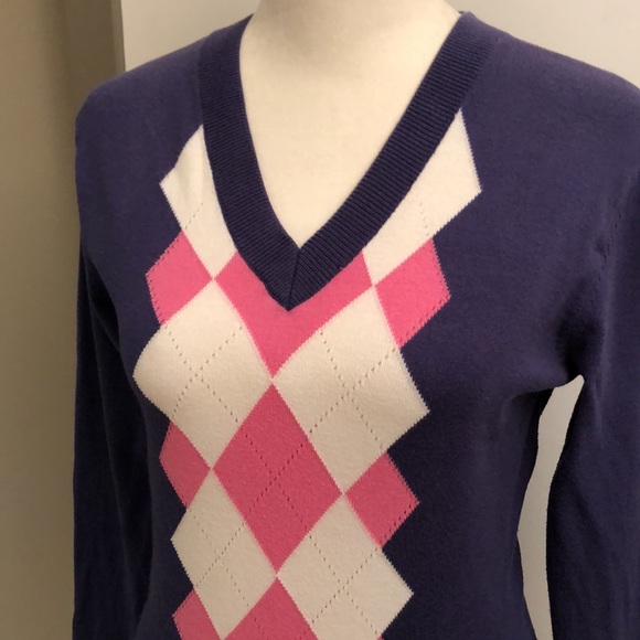 Lilly Pulitzer V-Neck Argyle Sweater Top Long-Sleeve Blue/White/Pink Shirt - Picture 2 of 12